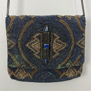 Mary Frances Blue and Gold Beaded Crossbody Bag